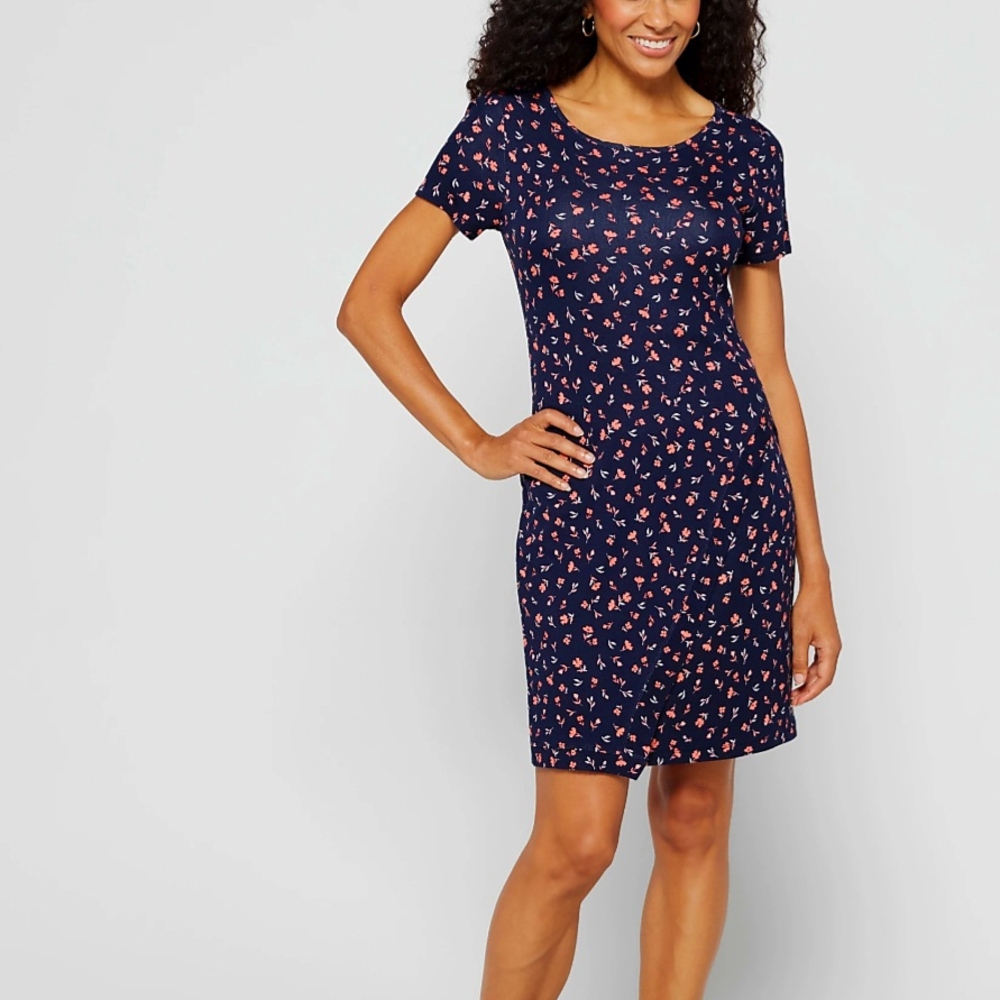 41 Hawthorn Blue Pink Floral Short Sleeve Wrap Knit Summer Dress Medium